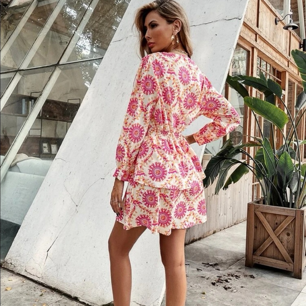 All over printed shirred waist layer ruffle hem dress